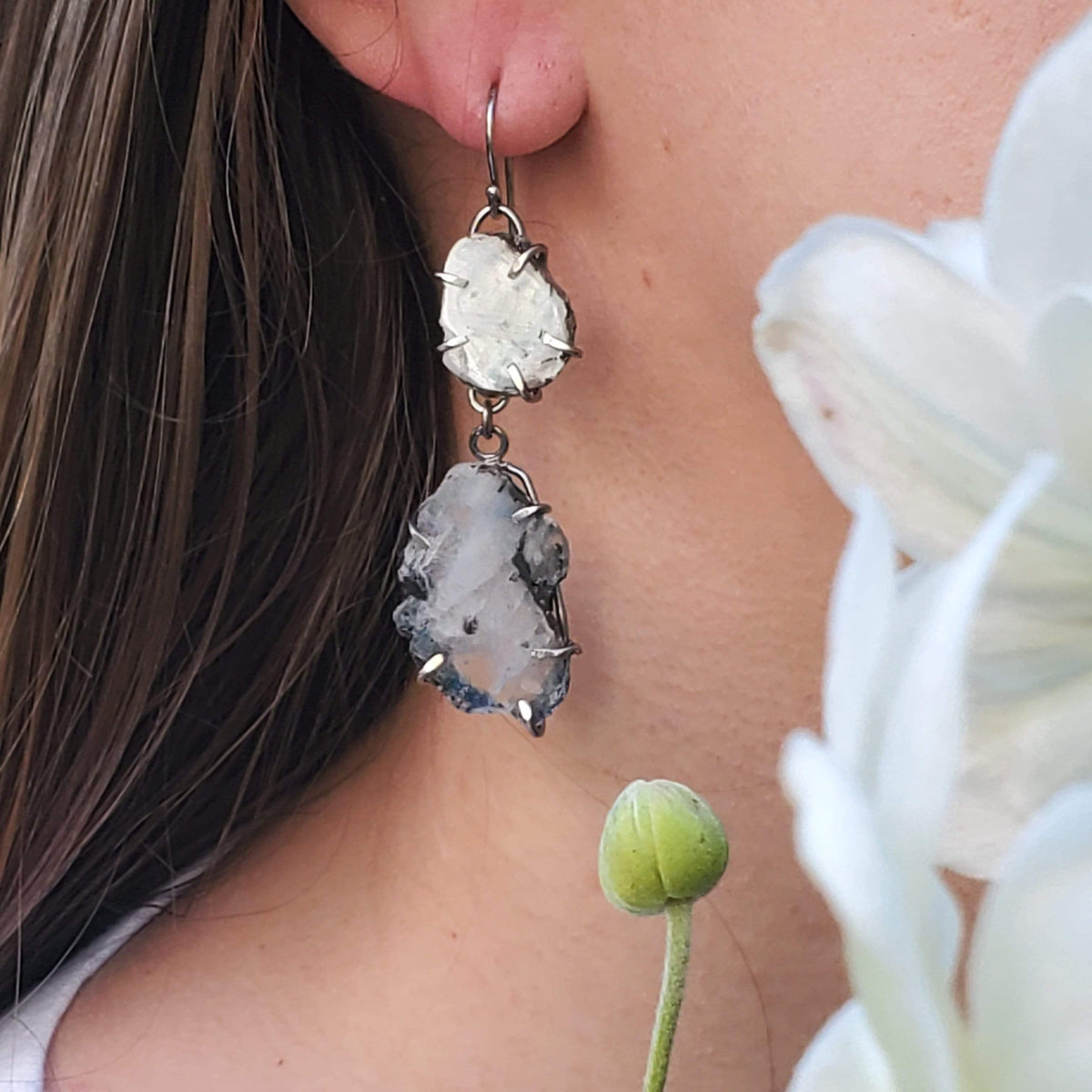 janet lasher Jewelry earring Moonstone &amp; Black Tourmaline Slice Earring - Stack
