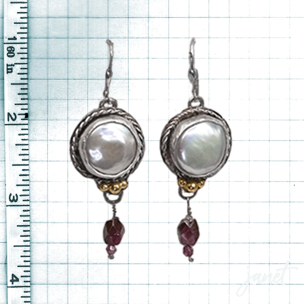 janet lasher Jewelry Earring White Coin Keshi Pearl, faceted Garnet &amp; 18K Gold &amp; Sterling Earring