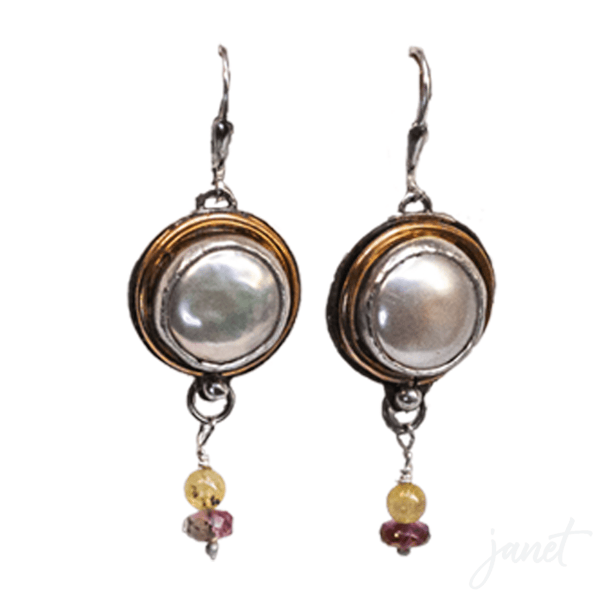 janet lasher Jewelry Earring White Coin Keshi Pearl, faceted Tourmaline &amp; Rose Gold Earring