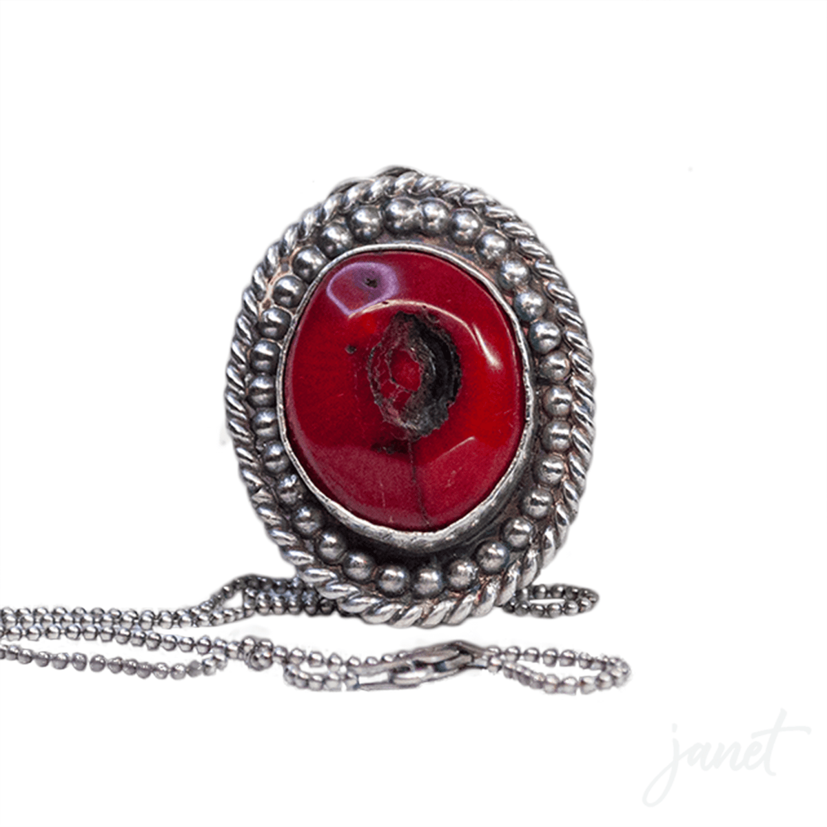 janet lasher Jewelry Necklace Red Bamboo Coral Beaded &amp; Rope Edged Oval Pendant and Chain