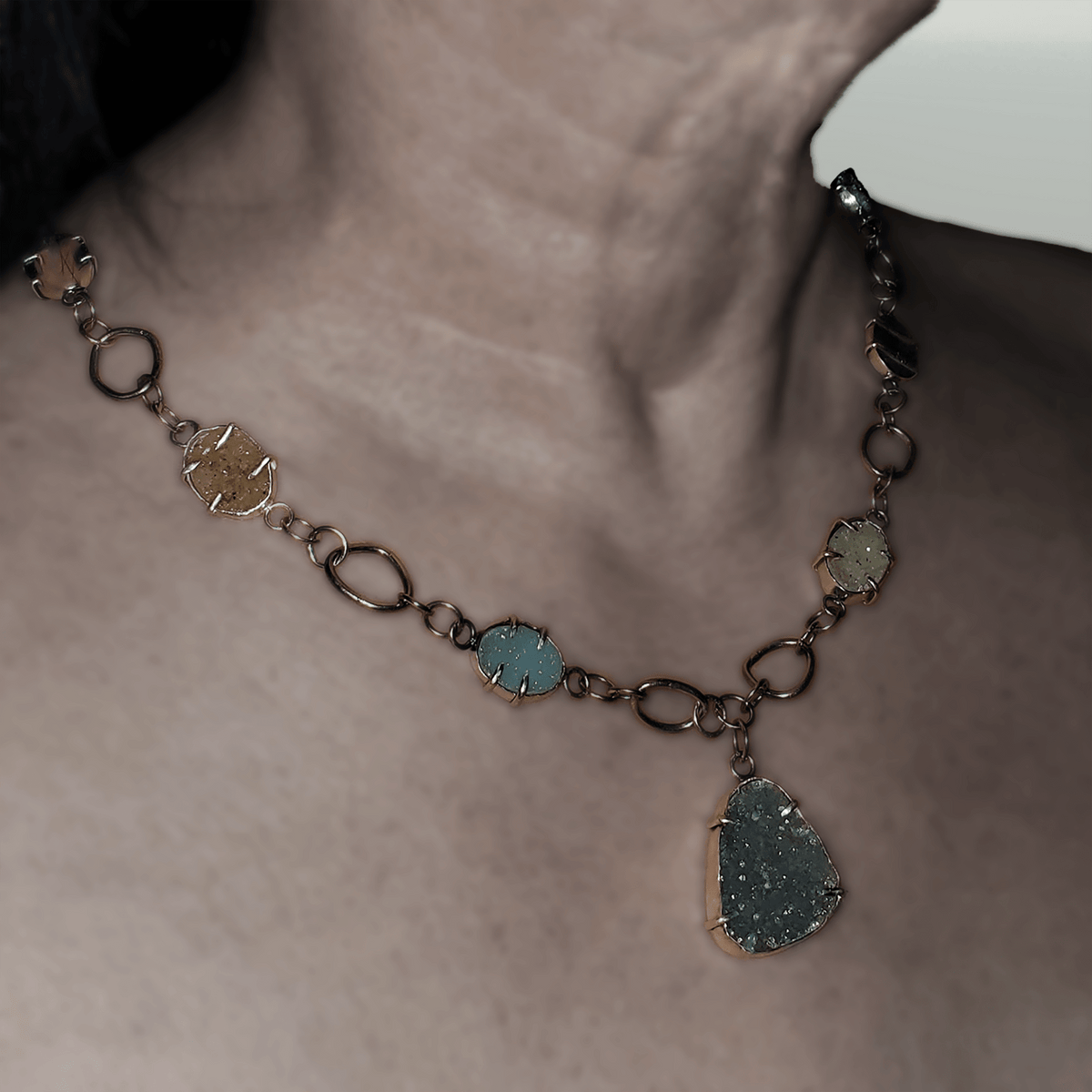 janet lasher Jewelry Necklace Sextet of Amethyst/Citrine/Rose Quartz Druzy Necklace with Freeform Pendant
